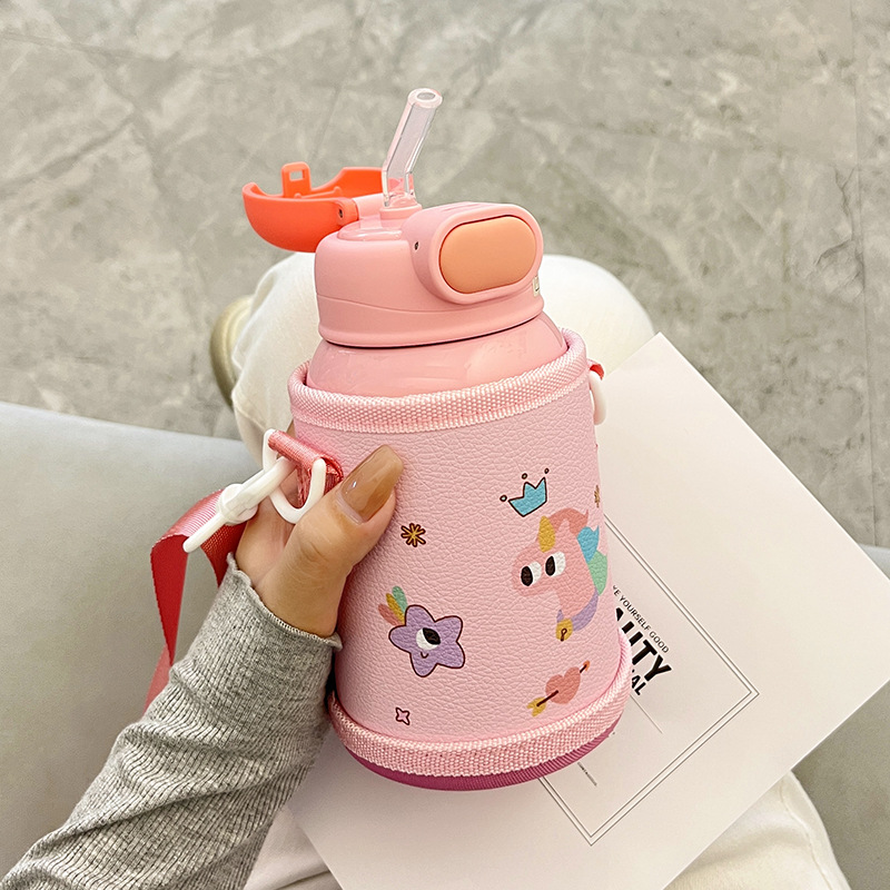Wholesale straw cups, children's insulated cups, cute cartoon, high appearance level baby water cups, portable water bottles for school, double-drinking cups Specification image