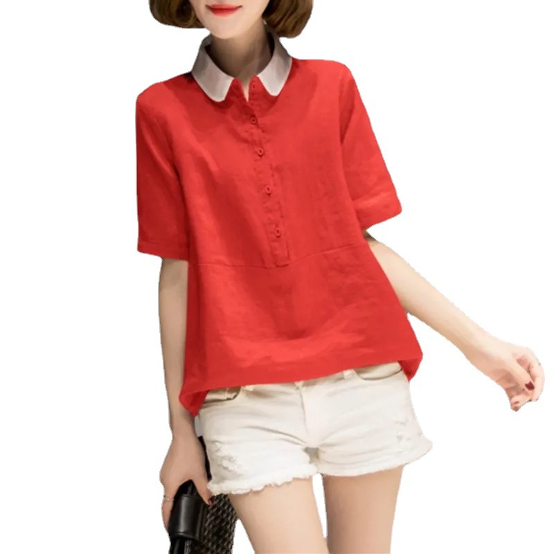 Cotton and linen short-sleeved shirt for women's summer 2022 new style Korean loose and versatile shirt cotton and linen top simple plus-size women's clothing Item Picture