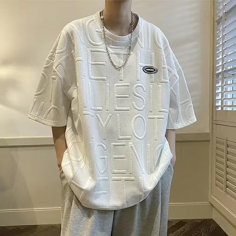 Summer jacquard short-sleeved T-shirt from the original manufacturer, a loose and heavy half-sleeved Hong Kong-style trendy couple's versatile T-shirt details Picture