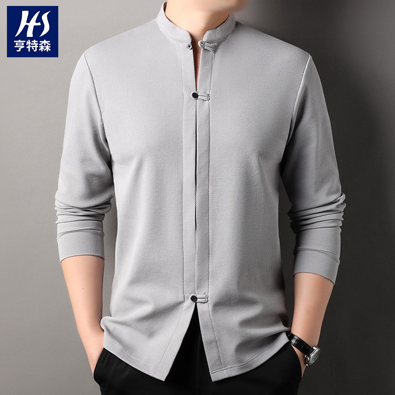 磨毛280克立领中式长袖t恤男春季新款中年爸爸装中国风男士衬衫