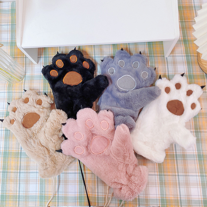 The winter version of the cute Korean student's plush and thickened cartoon cycling bear paw warm full-finger glove girl in winter
