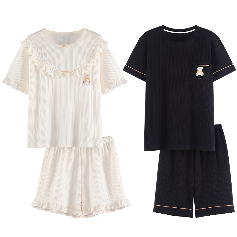 The 2022 new Korean-style couple pajamas for women are a thin, casual, pure cotton short-sleeved men's home wear set that can be worn outside Item Picture