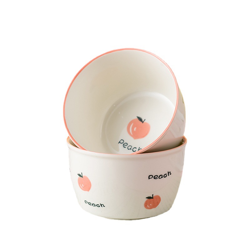 【4 Pieces 】 Peach Ceramic Rice Bowl Lovely Girl Heart Home Tableware Porcelain Bowl Bowl Plate Underglaze Color Item Picture