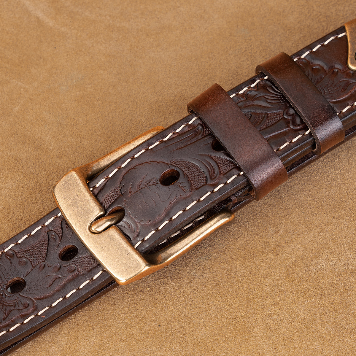 Cross-border trade belt men's belt with needle buckle embossed real cowhide, simple, casual, business versatile men's belt, trendy Specification image