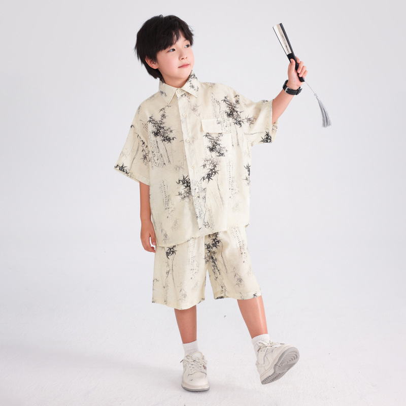 National trend men's summer short-sleeved shirt Hanfu set 2025, new primary school children's wear, national style performance costume Tang suit Application Scenario