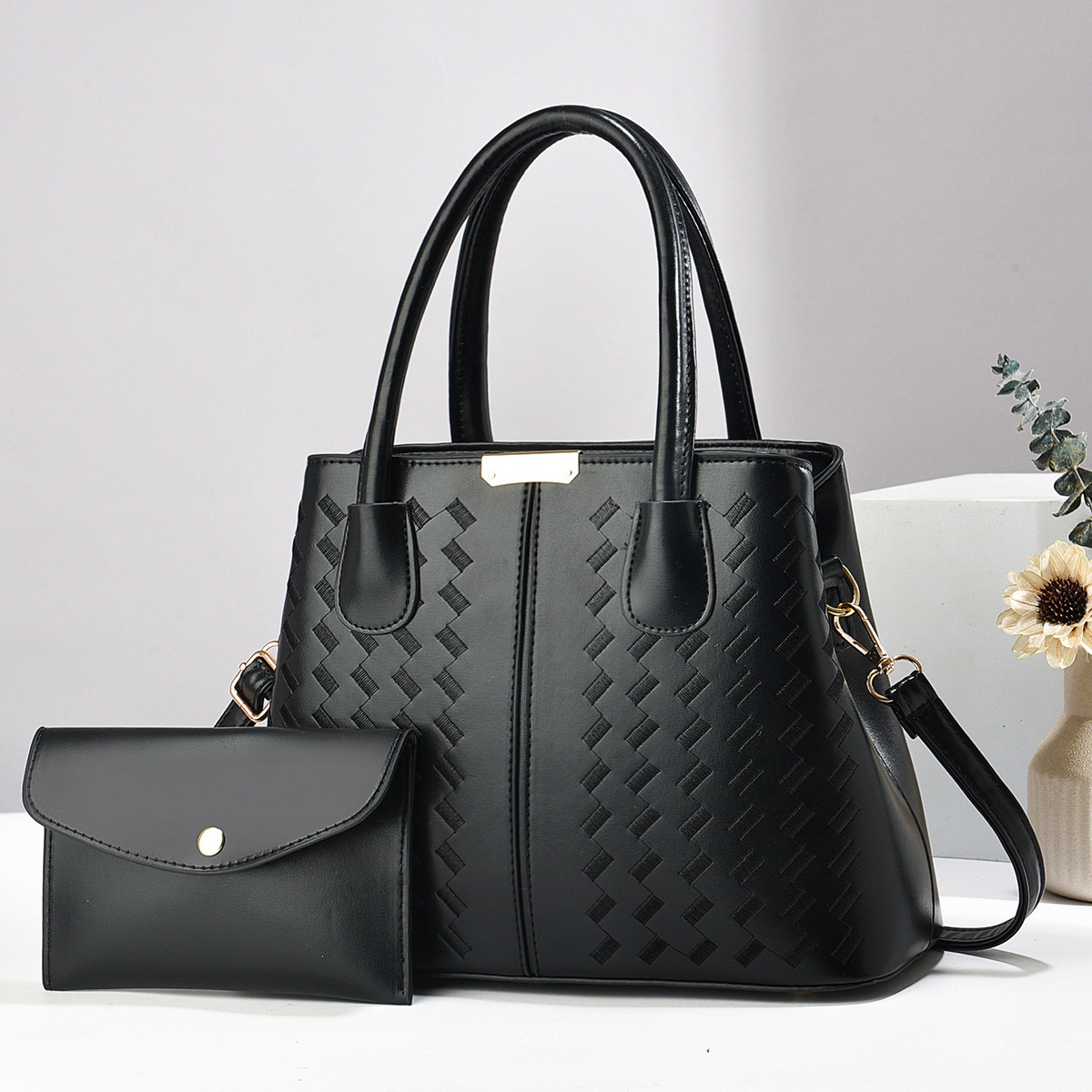 New cross-border women's bag set, fashionable and casual handbag, soft leather embroidered thread, large-capacity surface, wear-resistant single-shoulder crossbody bag