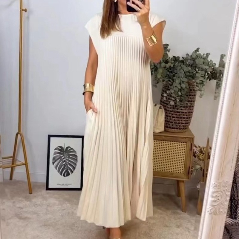 New Amazon cross-border European and American fashion round-neck sleeveless pleated dress for women's clothing in the autumn and winter of 2024