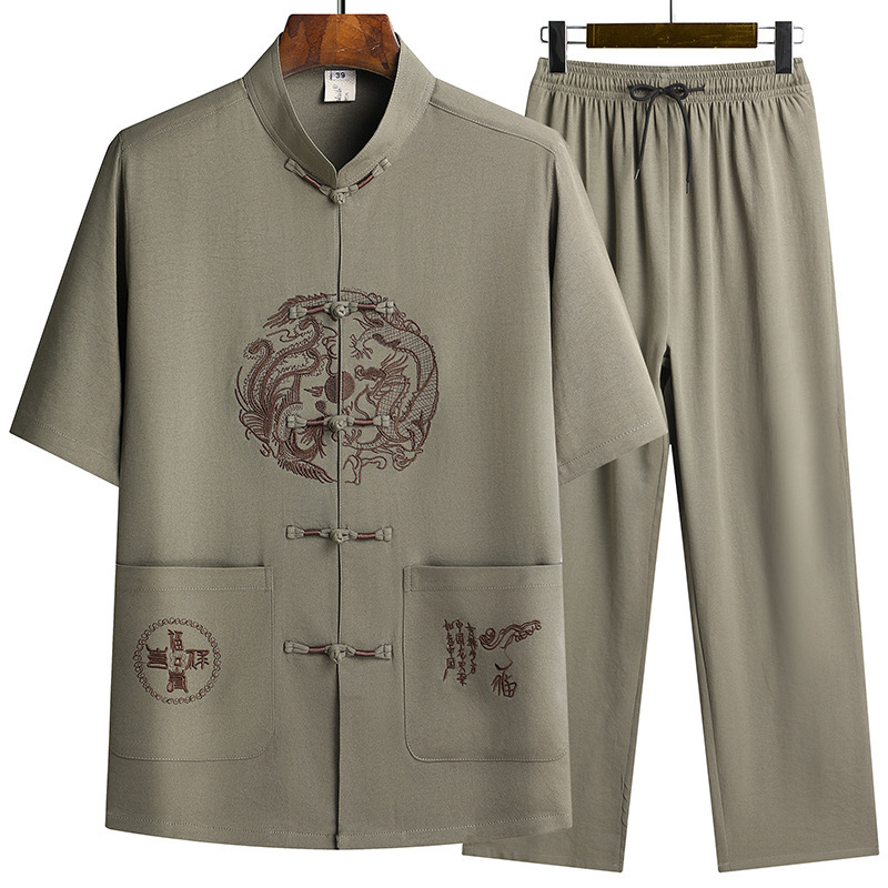 国潮中国风唐装中老年夏季套装爸爸装爷爷装晨练中式盘扣纯色刺绣图