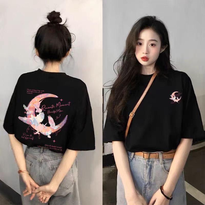 黑色短袖t恤女2025夏季新款宽松显瘦时尚女装设计感印花上衣详情19