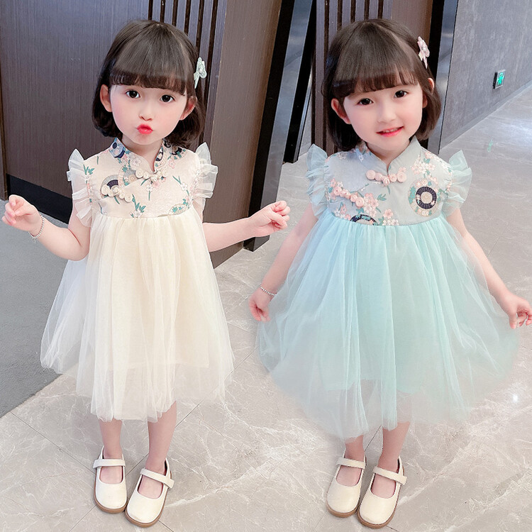 Summer 2022 new style Girls' dress for girls, summer children's stylish and fashionable cheongsam summer dress, Hanfu dress