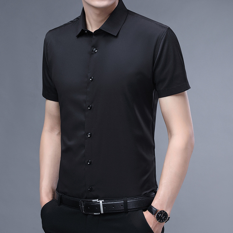 Spring and summer business men's shirt, men's short-sleeved, form-fitting, simple solid color, breathable and sweat-absorbing one-inch shirt for men Specification image