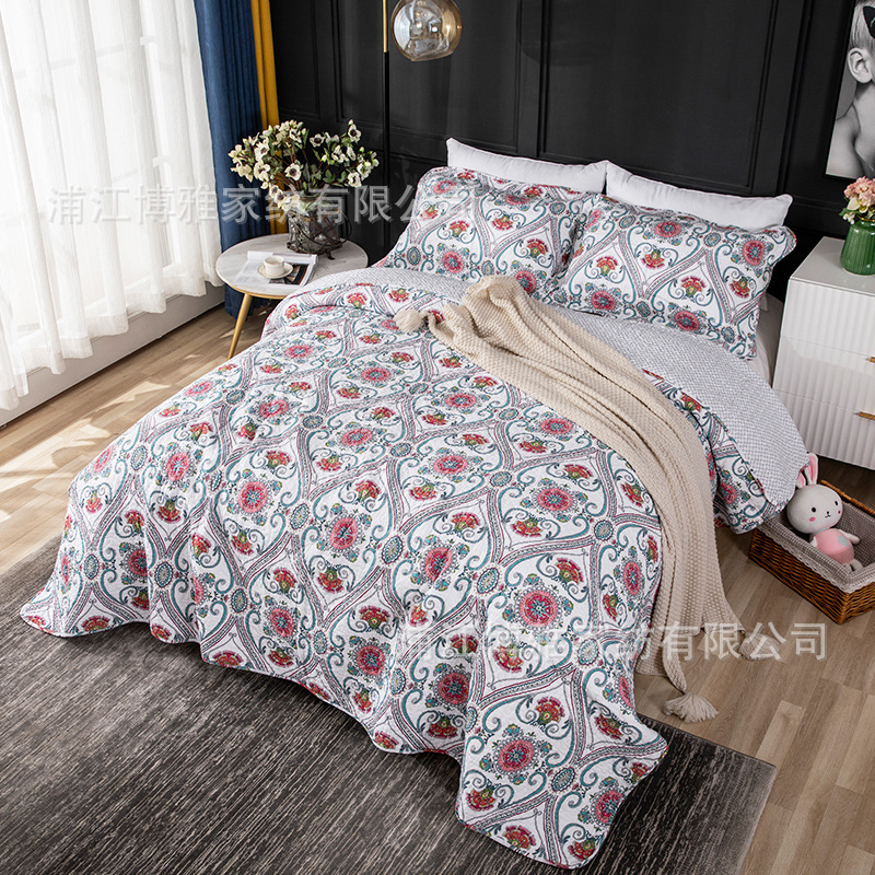 Cross-border supply of new printed quilted quilt, pure cotton bed cover three-piece set, high-count dense cotton washed bed sheet wholesale details Picture