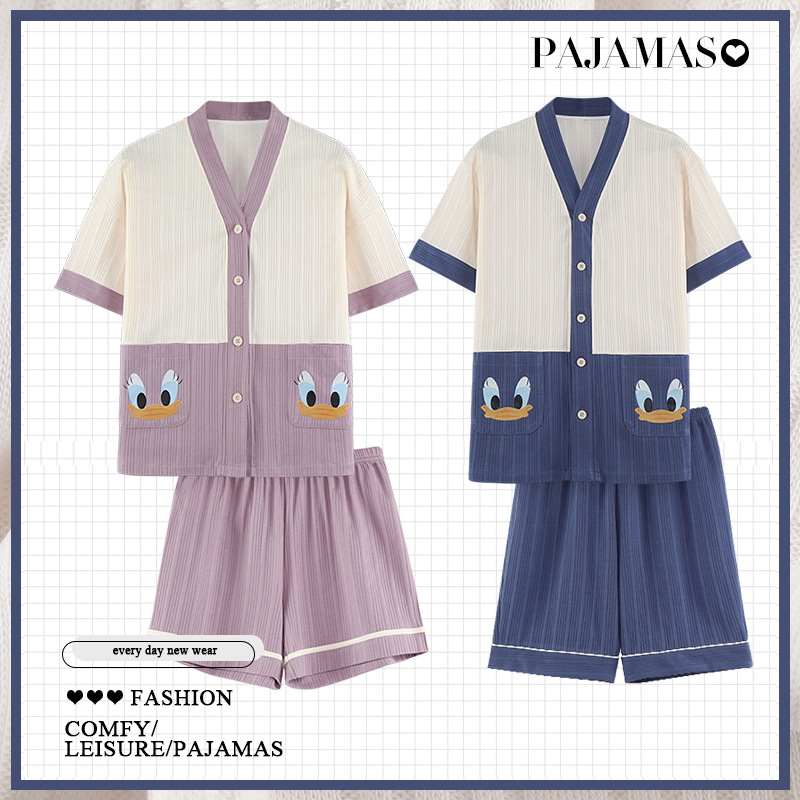 Couple pajamas, women's summer thin all-cotton short-sleeved Japanese kimono, cute cartoon skin-friendly men's simple home wear Specification image