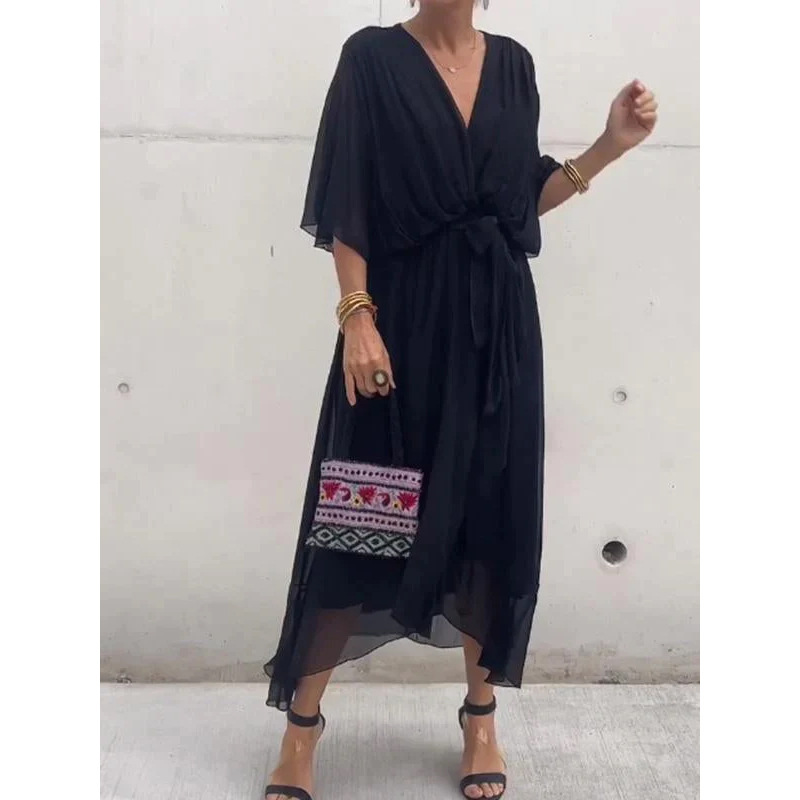 2024 New European and American women's clothing cross-border Amazon solid color long dress with bat sleeves, irregular dress, large size details Picture