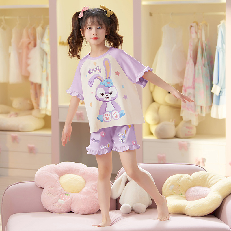 Children's pajamas, girls' summer short-sleeved pure cotton mother-daughter cartoon girl princess, Big and small children's baby home wear set Specification image