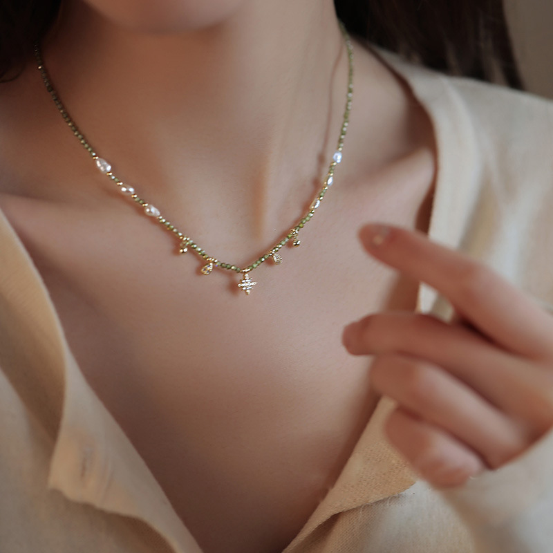 橄榄绿锆石串珠天然巴洛克淡水珍珠项链女轻奢小众锁骨链颈链饰品