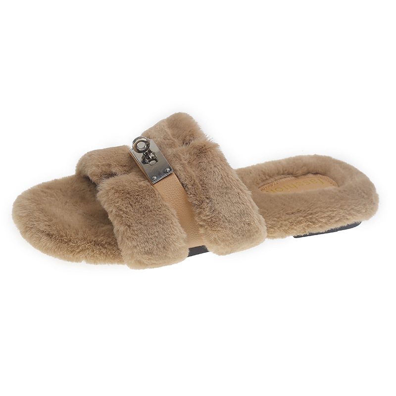 Korean style furry slippers for women 2025 autumn/winter H-shaped plush flat outerwear, popular flat flat ladylike gentle slippers Item Picture