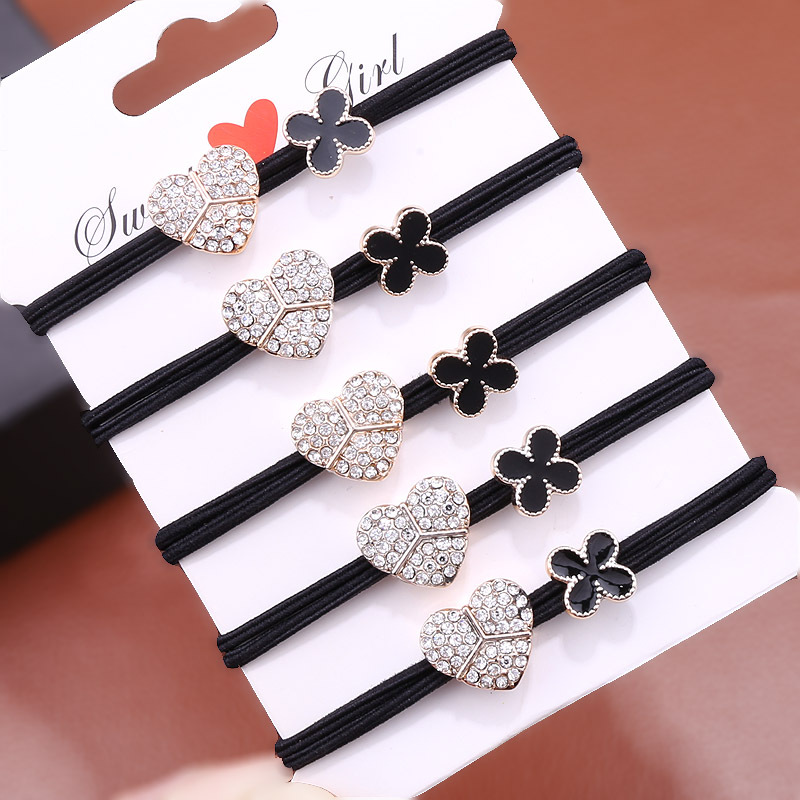 Korean version water diamond heart rubber band, four-leaf flower hair tie, flower oil drip bow, basic hair tie, forest girl headwear