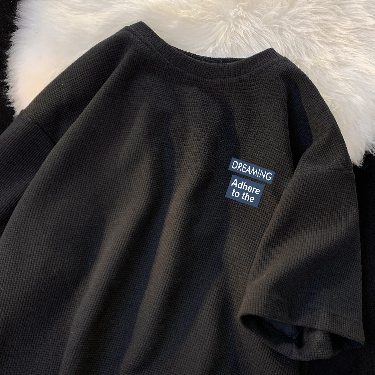 Short-sleeved T-shirt for men, summer Hong Kong-style thin, ins trendy brand loose, heavyweight Waffle couple half-sleeved details Picture