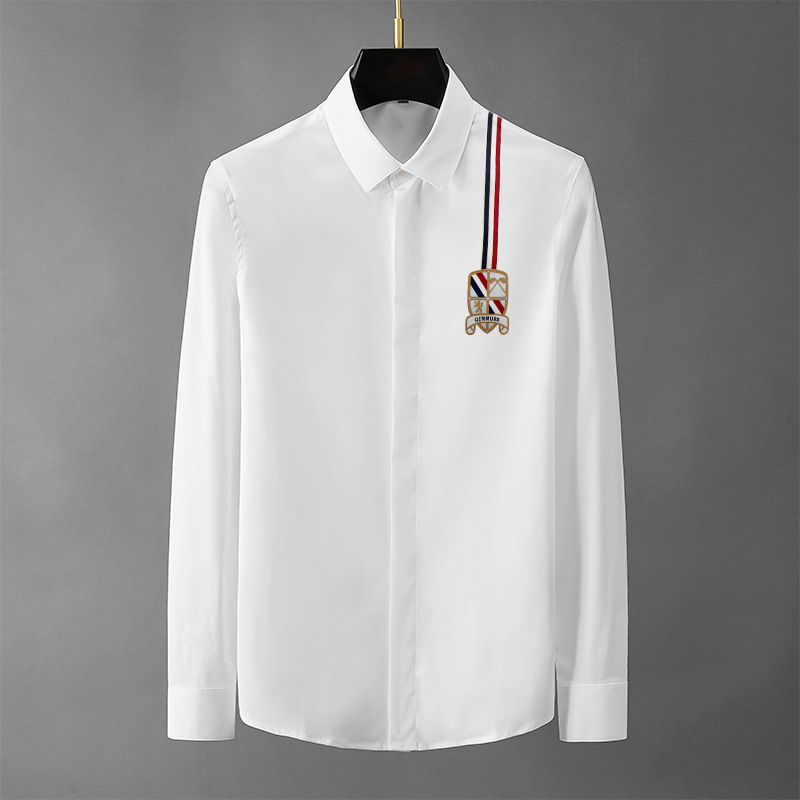 高端欧货免烫春秋新款简约时尚织带徽章男士长袖翻领衬衫衬衣休闲