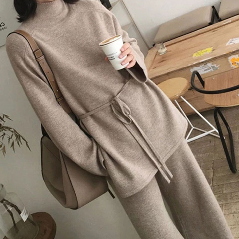European and American cross-border solid-color knitted sweater set 2024 autumn/Winter fashion knitted lace-up top wide-leg pants two-piece set details Picture