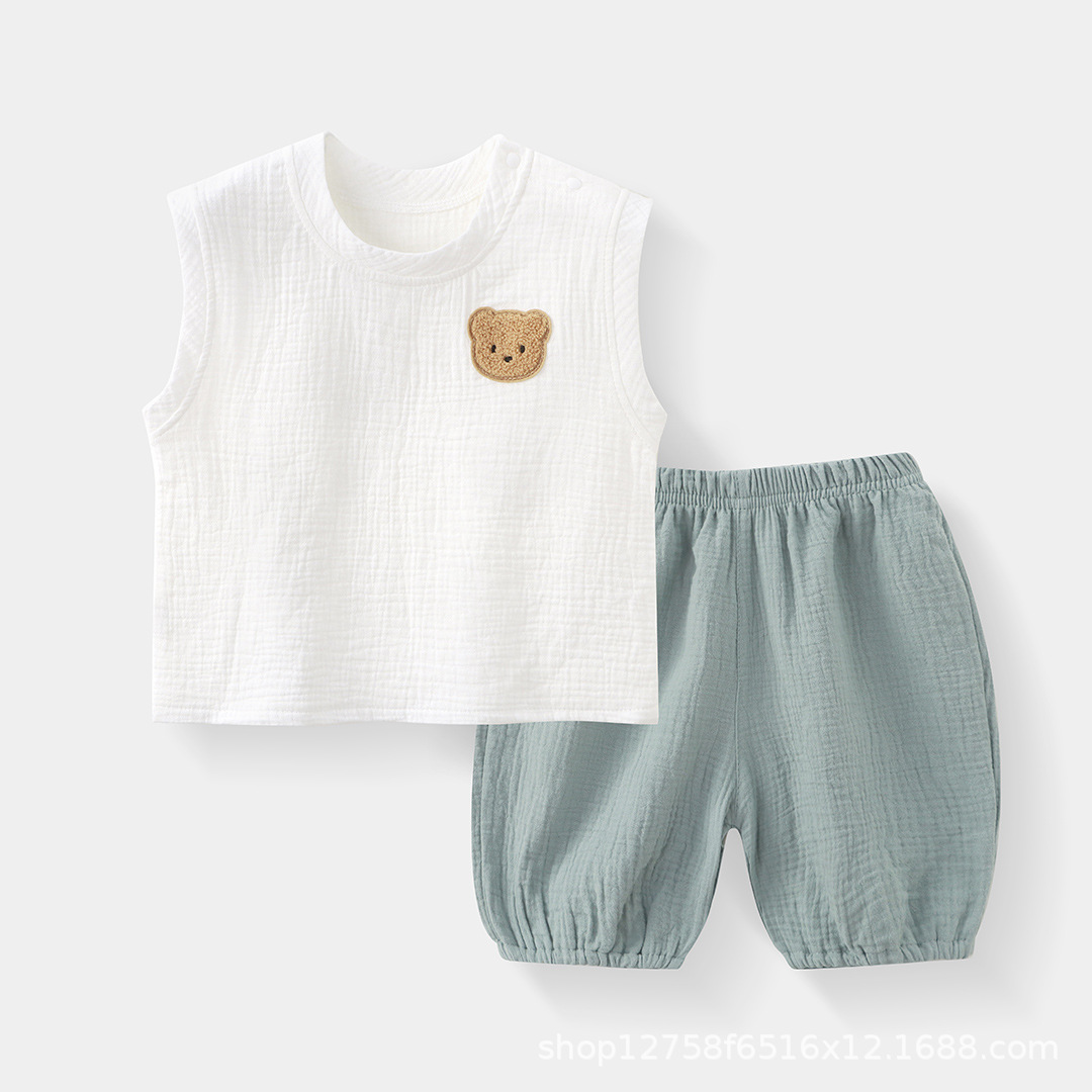 儿童夏季套装韩版宽松新款舒适透气棉纱拼色背心短裤外穿两件套细节图