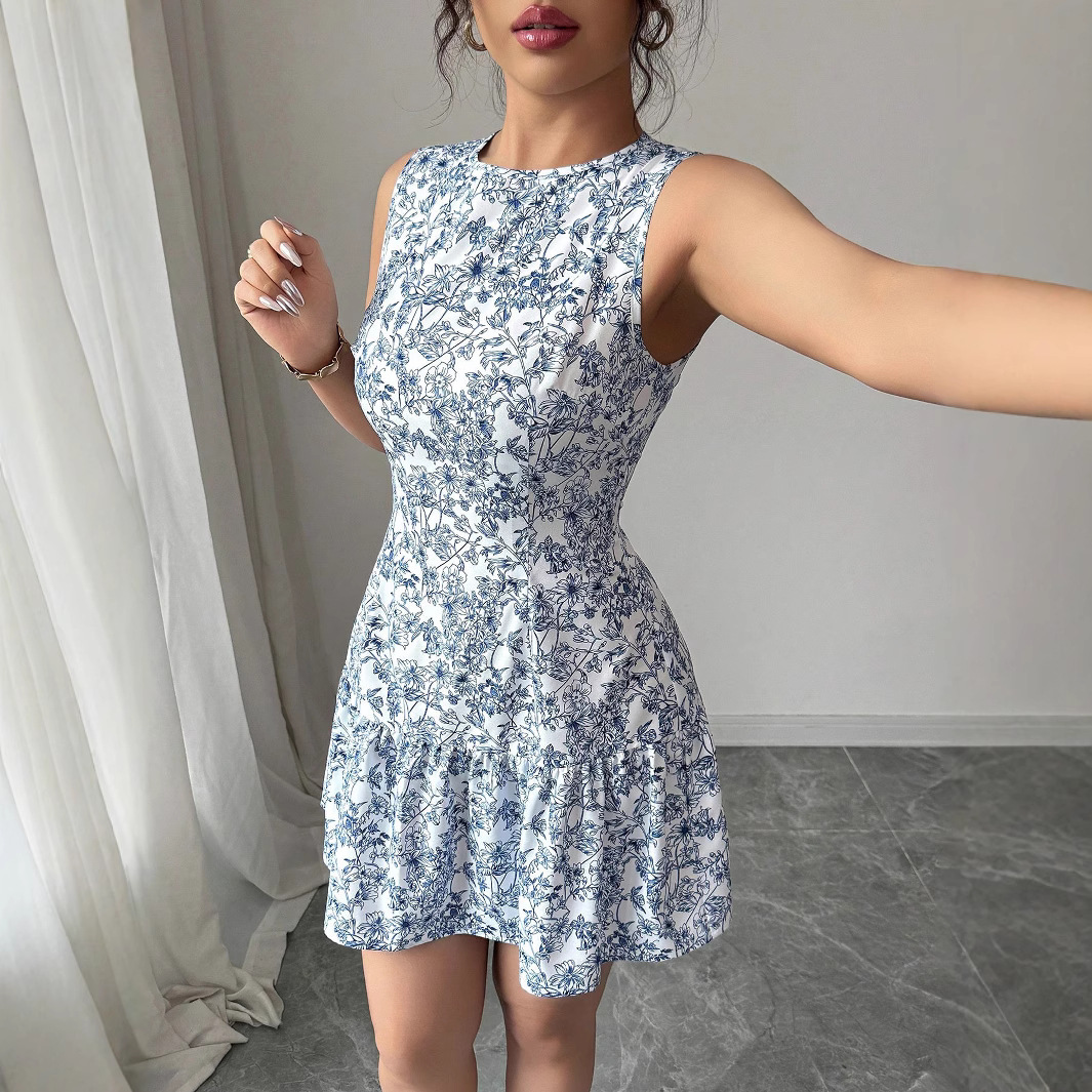 2025Elenzga's latest floral printed round-neck sleeveless cinched-waist mini dress is perfect for spring and summer Specification drawing