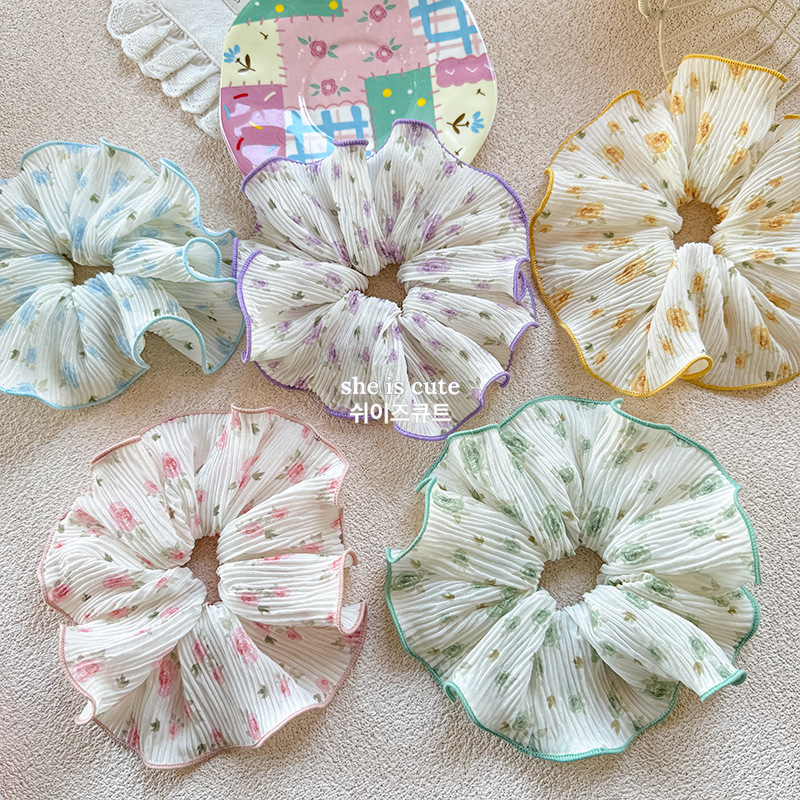 Sweet and fresh floral large intestine hair band, Korean-style elegant ponytail hair tie, girls' high school elastic bun hair tie headwear Specification image