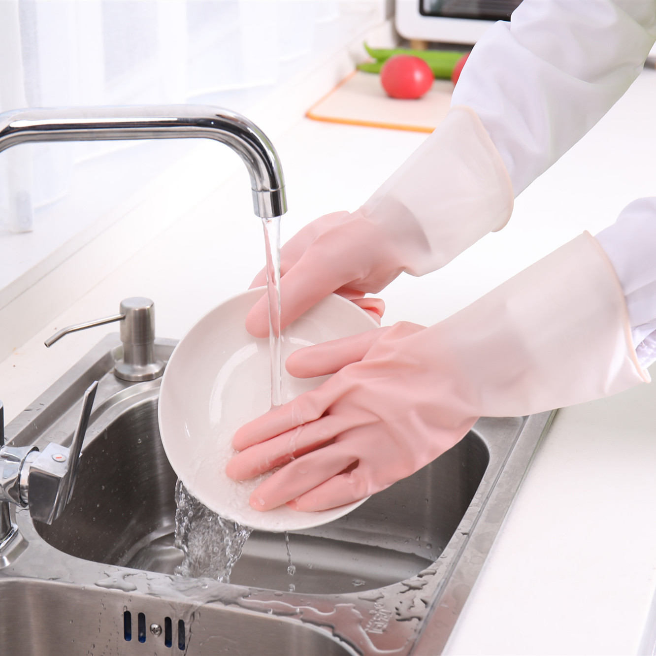 厨房橡胶乳胶洗衣服防水塑胶胶皮家务清洁刷碗透白双色手套洗碗女详情图3