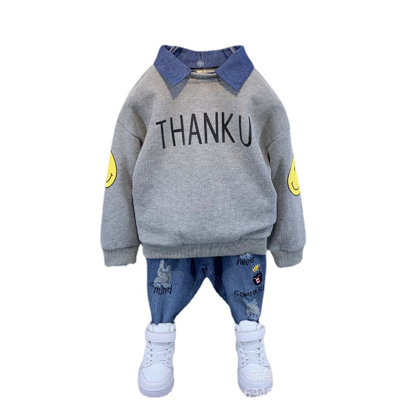 Autumn and winter new children's hoodie sets are available at street stalls for export. Wholesale of two-piece Korean version round-neck hoodies for boys and girls Item Picture