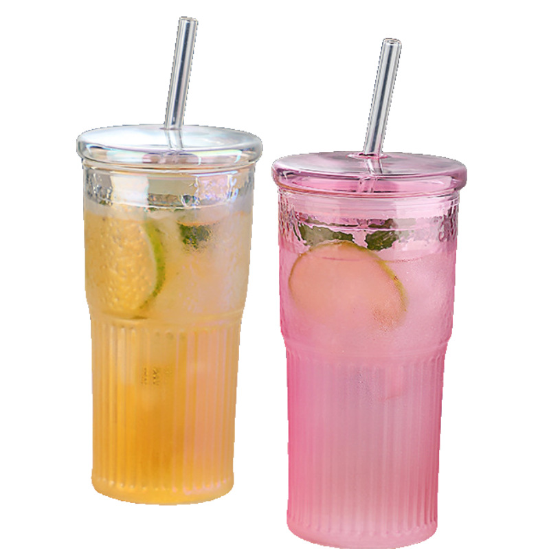 Large-capacity milk tea cold drink cup, creative glass straw cup, simple vertical pattern cup, ins high appearance level coffee cup, water cup details Picture