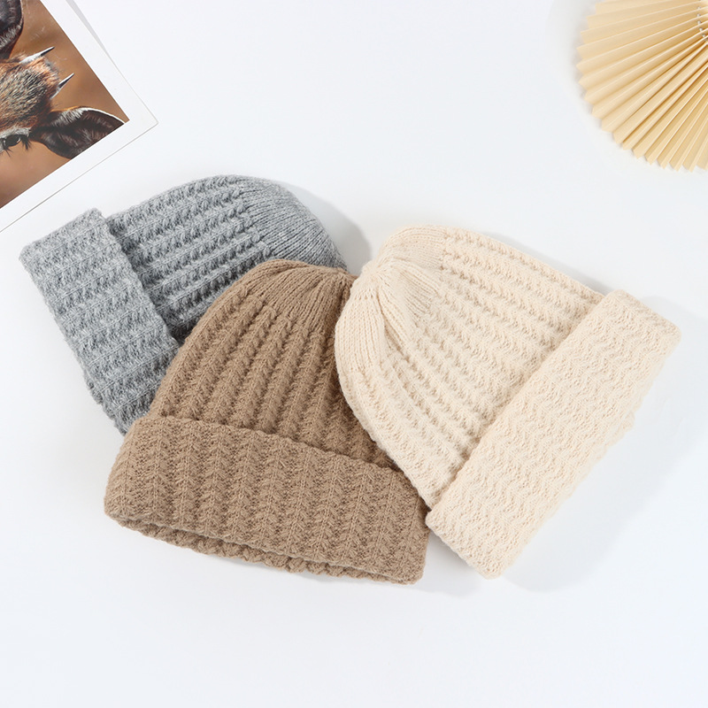 23 New Hat Women's Acrylic Knitted Hat Foreign Trade Hat Europe And The United States Autumn And Winter Imitation Cashmere Solid Color Knitted Woolen Hat Specification drawing