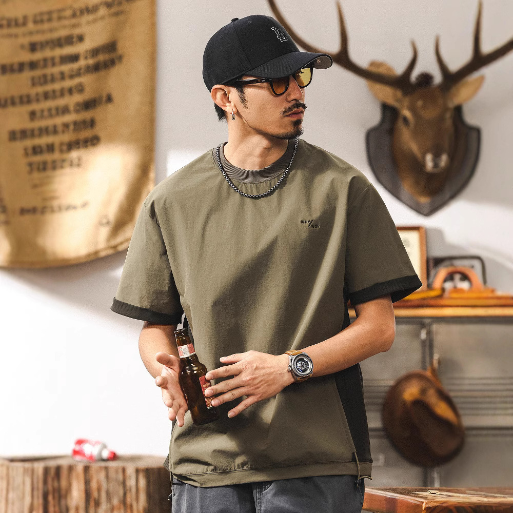 2025夏季新款速干T恤男士日系简约吸湿透气侧边拼接宽松冰丝短袖