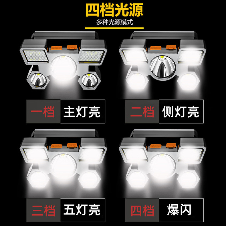New cross-border strong headlight led five-head aircraft light, usb charging head-mounted small flashlight, outdoor miner's lamp headlight details Picture