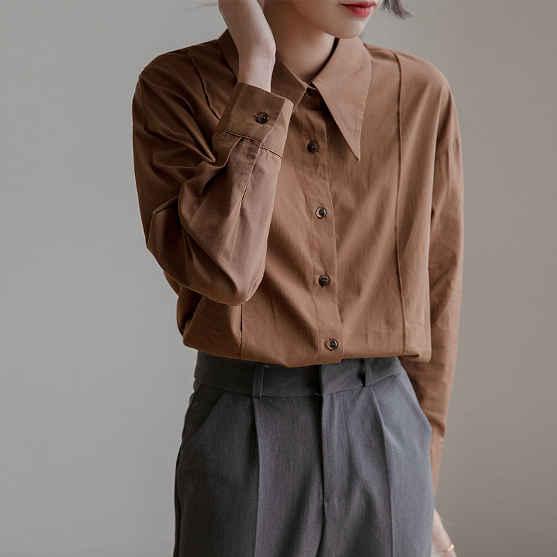 Spring pointed-neck shirt women's design sense, niche French top, loose casual shirt women's long-sleeved details Picture