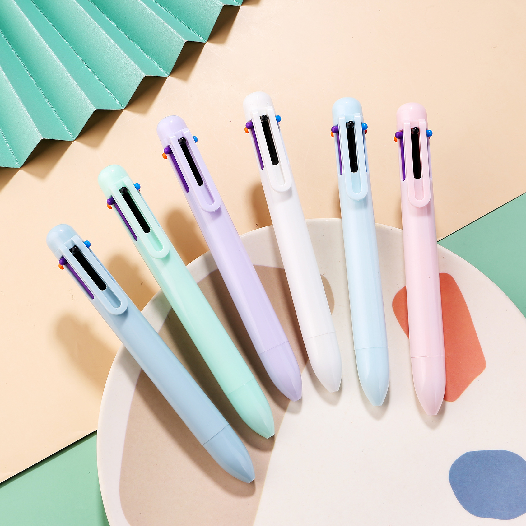 创意马卡龙6色圆珠笔ins少女心按动笔学生多色油笔彩色手账笔