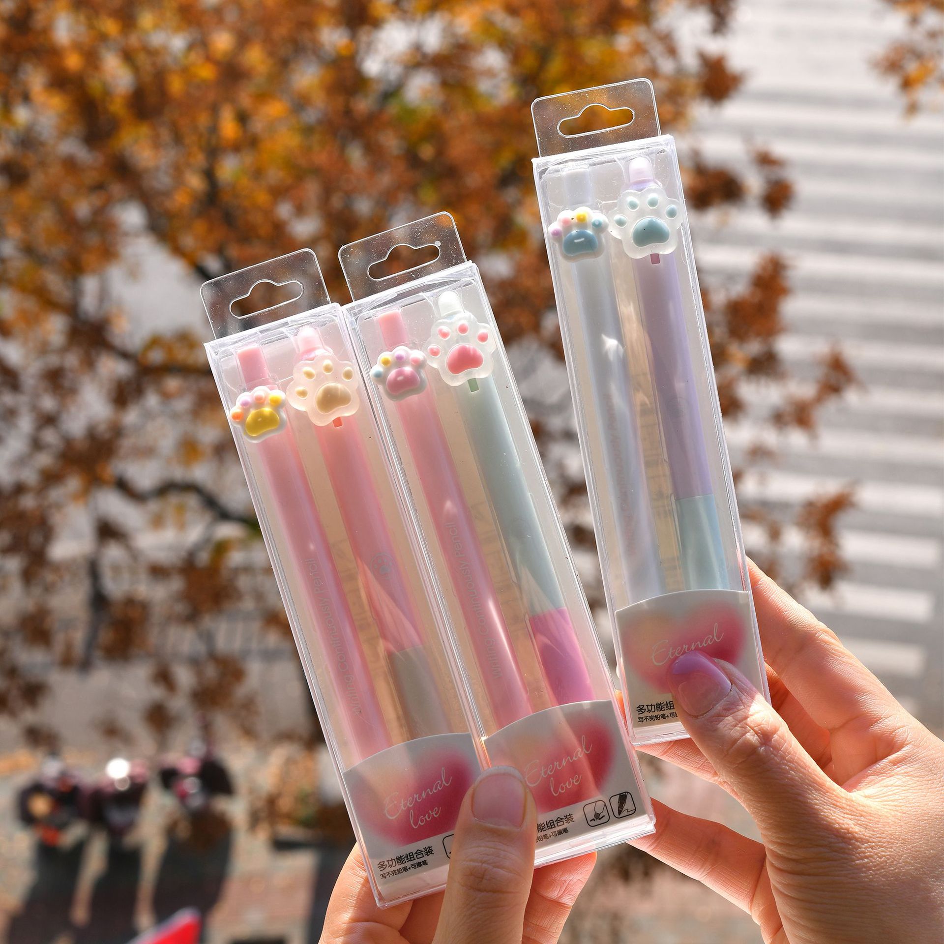 The Chenxi Cat Paw Press Set features an erasable gel pen and an eternal pencil with a blue core, ensuring smooth and fluid writing for students Application Scenario