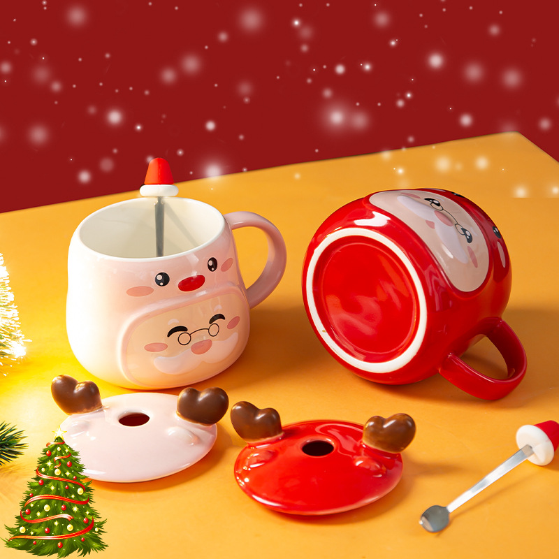 Santa Claus ceramic cup creative cartoon net red cute water cup with lid spoon cup with hand gift mug wholesale Application Scenario