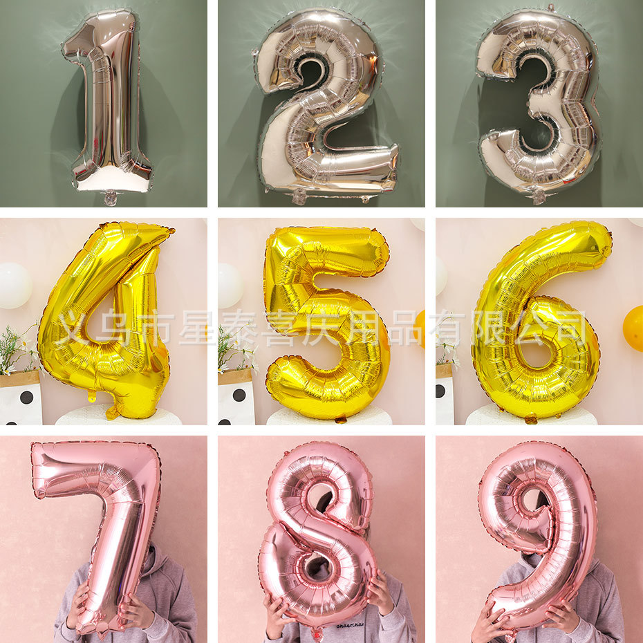 32-inch large digital balloons, aluminum film balloons, aluminum foil balloons, party decoration, silver creative balloons wholesale