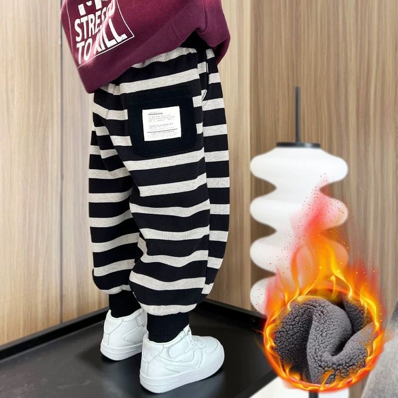 儿童裤子加绒休闲裤男童条纹一体绒卫裤女童宝宝幼儿园百搭长裤子
