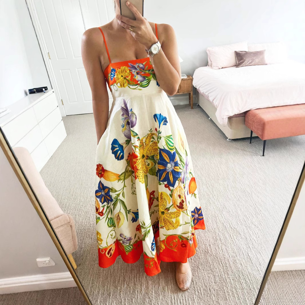 The 2024 new cross-border AliExpress independent station's sexy halter, graffiti, linen print, big swing dress for women Specification image