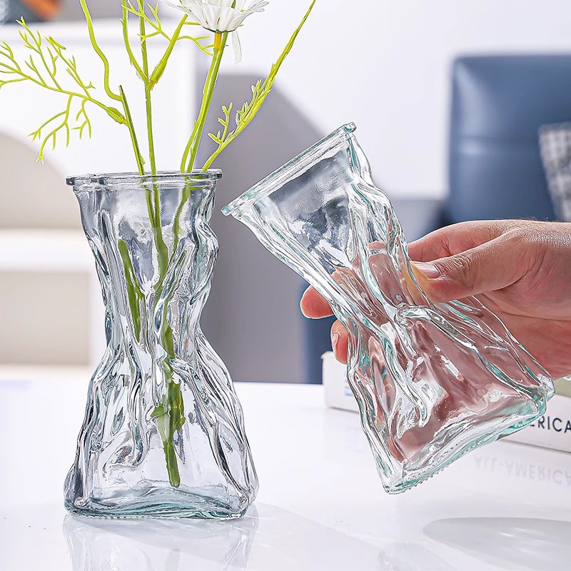 Irregular-shaped Ins-style glass vase with free shipping for the living room of a homestay, water-grown flower decorative item for vase placement details Picture