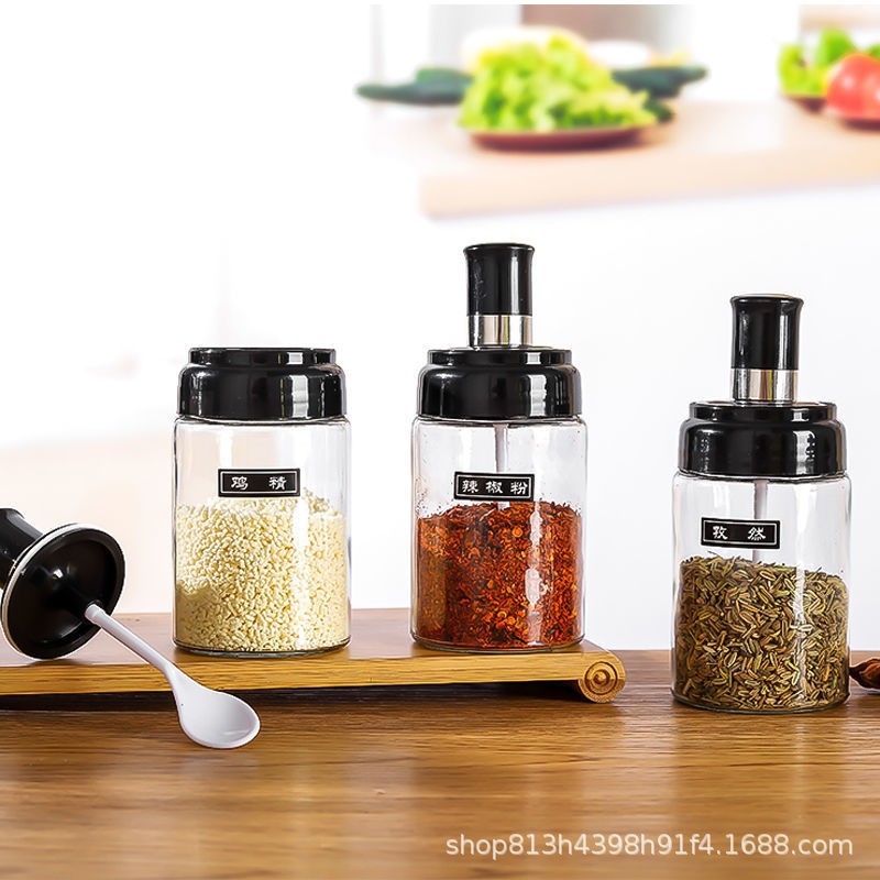 Household moisture-proof kitchen sealed glass salt monosodium glutamate seasoning jar, seasoning box cover, spoon integrated set combination seasoning jar details Picture