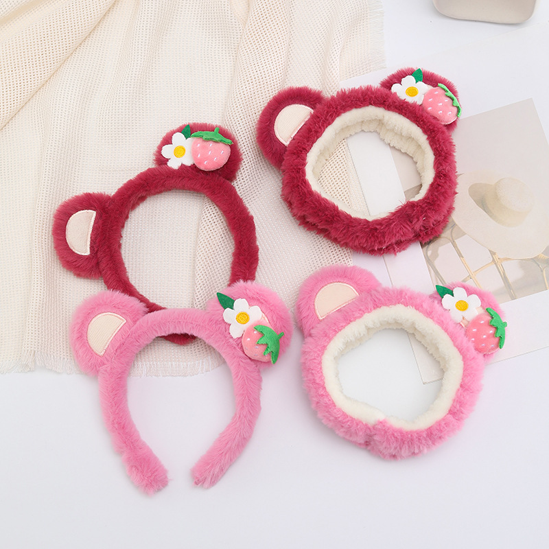 Korean cartoon plush strawberry bear hair band headband, autumn and winter face washing and hair binding head buckle, internet-famous bear ear wholesale