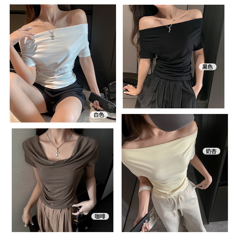 Summer large round swing neck, off-the-shoulder, straight-shoulder short-sleeved T-shirt for women, with a high-end design sense, pure and sexy, slimming top for hot girls details Picture