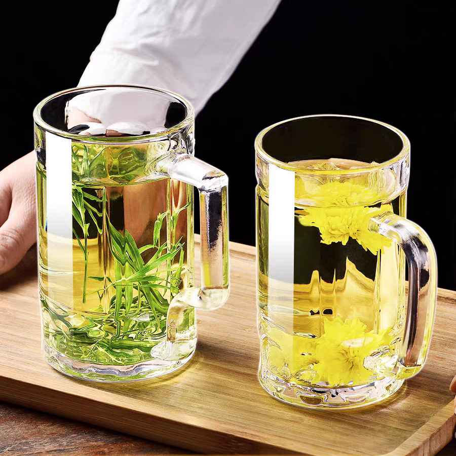 【 4-piece set 】 Large-capacity thickened beer mugs with handles, household glass cups, transparent lead-free water cups wholesale