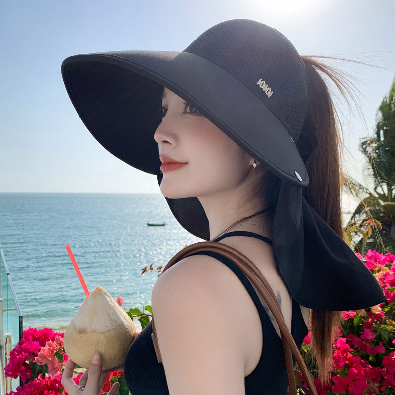 夏天帽子女款高级感镶钻防晒遮阳帽防紫外线空顶太阳帽护脖披肩帽