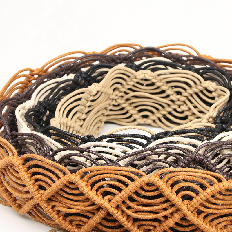 The New National Style Ladies Wax Rope Woven Belt Decorative Skirt Belt Pure Hand Woven Hollow Wood Buckle Belt Specification drawing