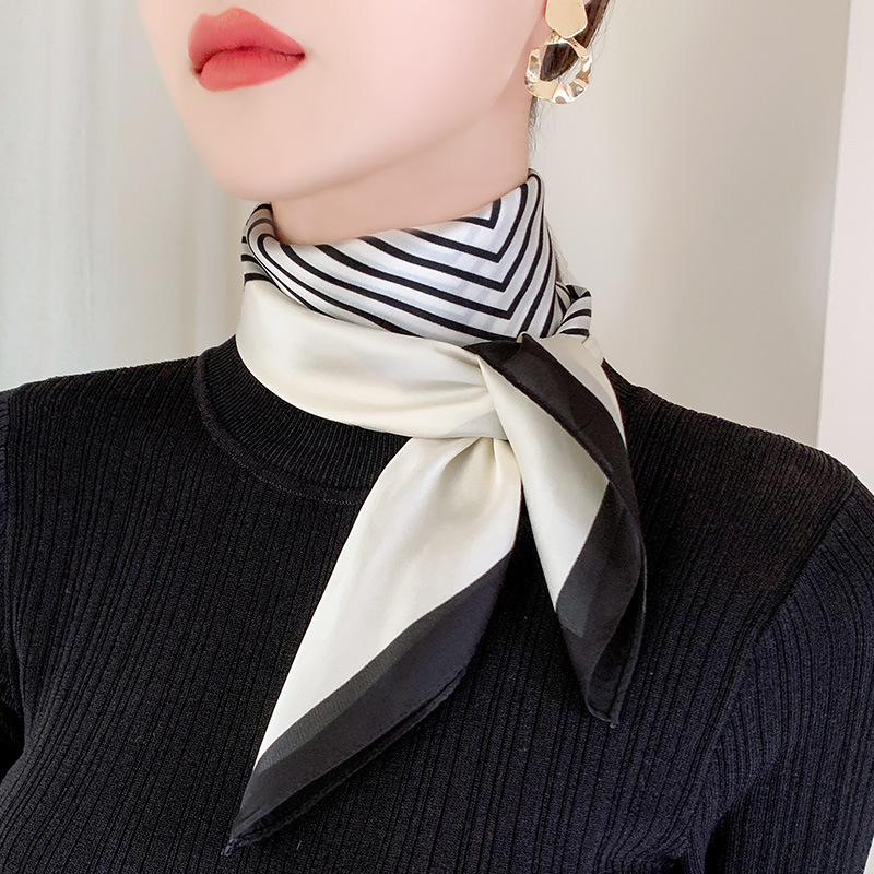 Wholesale of striped black and white printed silk scarves for women, simple Korean-style fashionable faux silk square scarves with ins decoration details Picture