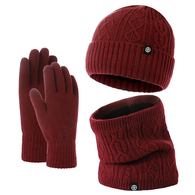 Wool And Thick Knitted Hat Gloves Bib Three-Piece Alpaca Wool Blended Warm Wool Hat Cross-Border Foreign Trade Item Picture